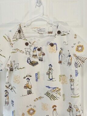 Vintage Hot Cotton Linen Folk Art Blouse – 90s Andean Peruvian Print Top